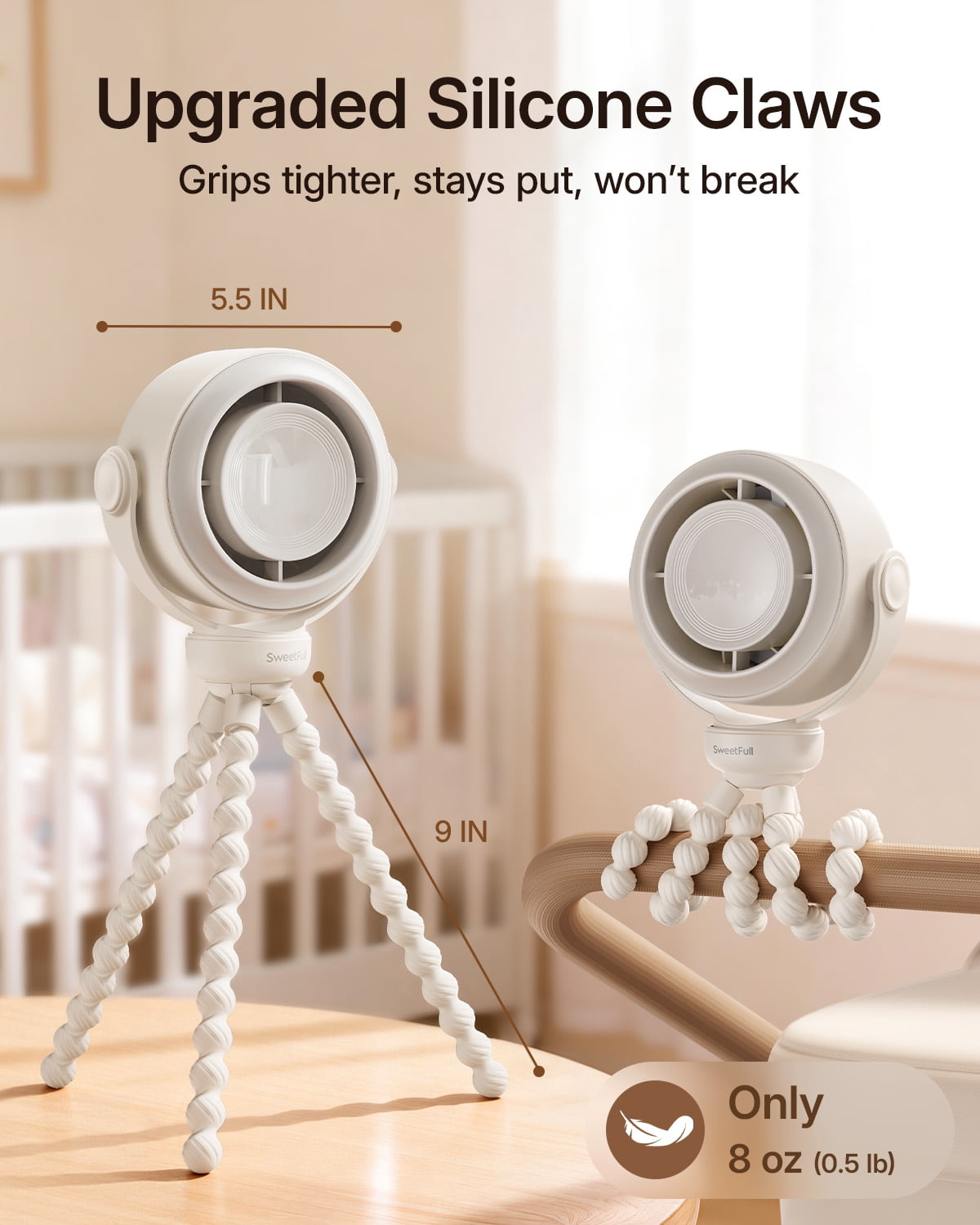 SWEETFULL Portable Stroller Fan, Pinch-Proof Baby Fan, 10H Battery, 5-Speed Quiet Mini Clip on Fan, USB-C Rechargeable with LED Display for Car Seat, Crib & Travel – Cream