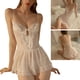 thumbnail image 4 of Camisón transparente de malla con tirantes finos y encaje para mujer, cuello en V, sin espalda, con lazo, lencería frontal, ropa interior con calzoncillos, color blanco, talla libre, 4 of 8