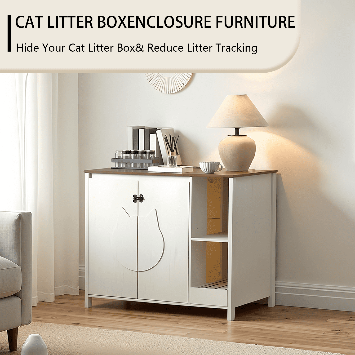 Cat-Faced Litter Enclosure for Placing Cat Robot 3/4, Power Outlet for More Choices, Litter Collector and Dog-Proof Adjustable Shelf (Antique White)