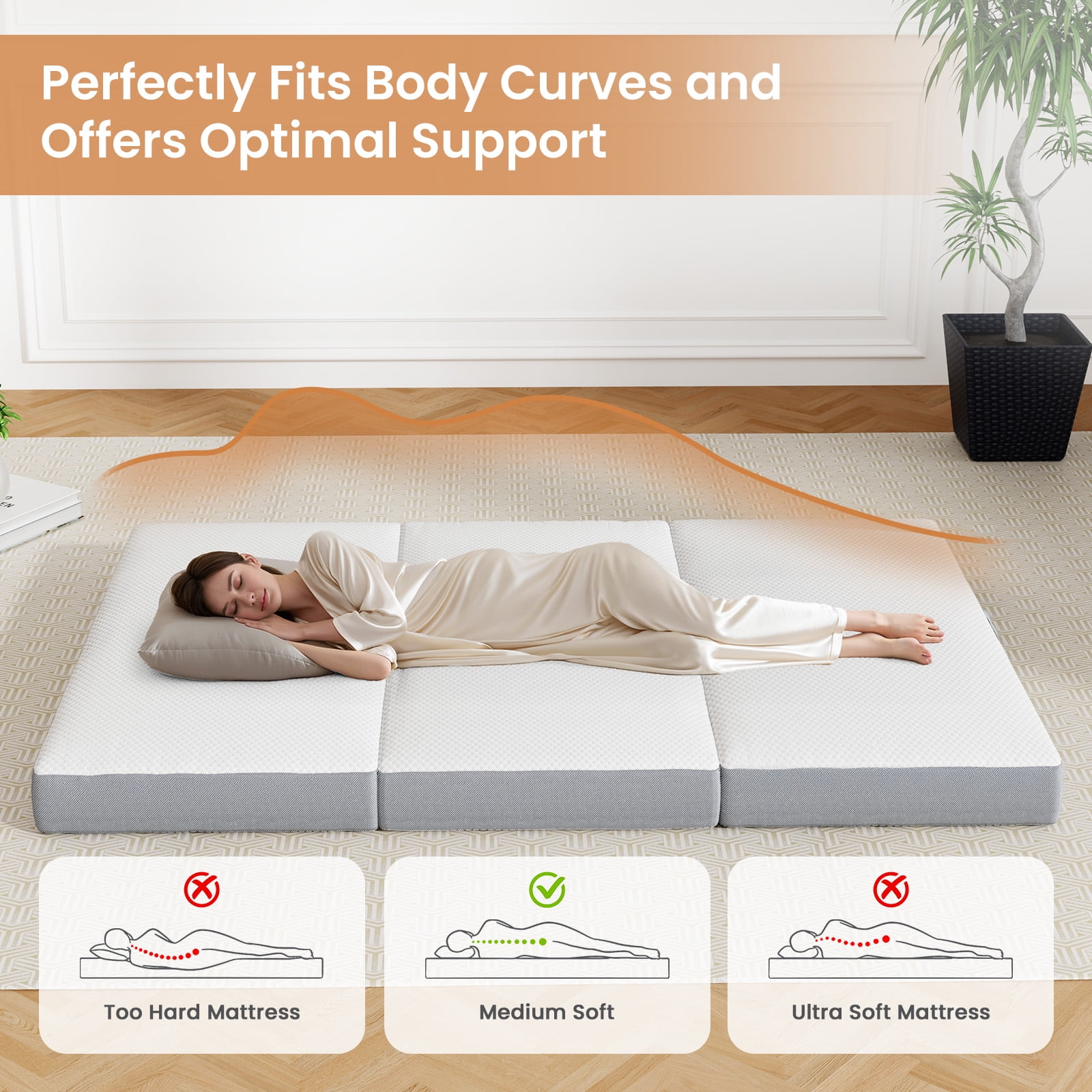 VKLIVING Tri-Fold Memory Foam Mattress,6 Inch Portable Floor Mattress with Washable Cover, Non-Slip Bottom & Breathable Mesh Sides for Guest Bed, Camping, Home, RV