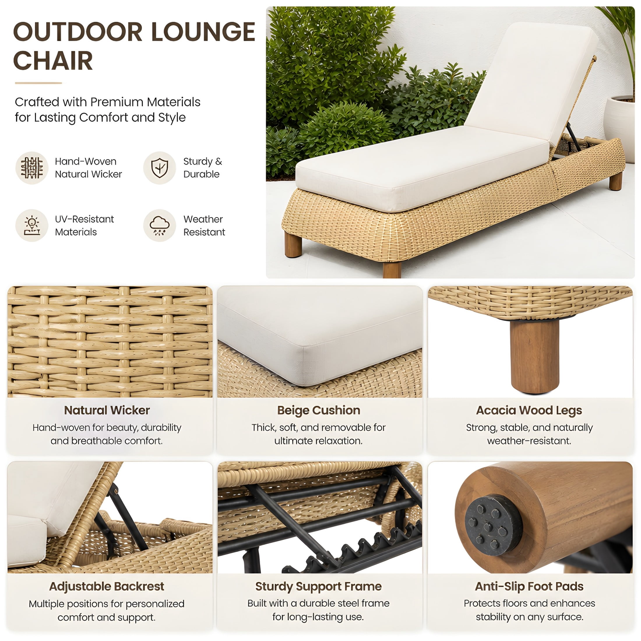 Christopher Knight Home Outdoor Adjustable Chaise Lounge Chair, Wicker Recliner with Cushion, Natural + Beige