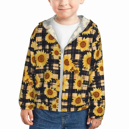 

Ocsxa Vintage Black White Plaid Sunflowe Print Kids Active Zipper Sun Protection Jacket Boys Girls Hooded Cooling Shirt-3 Years
