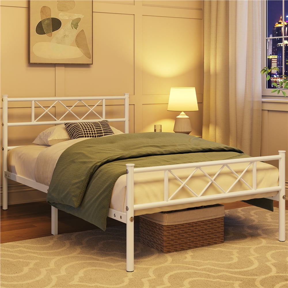 Yaheetech Metal Platform Bed Frame with Headboard and Footboard, Twin, White
