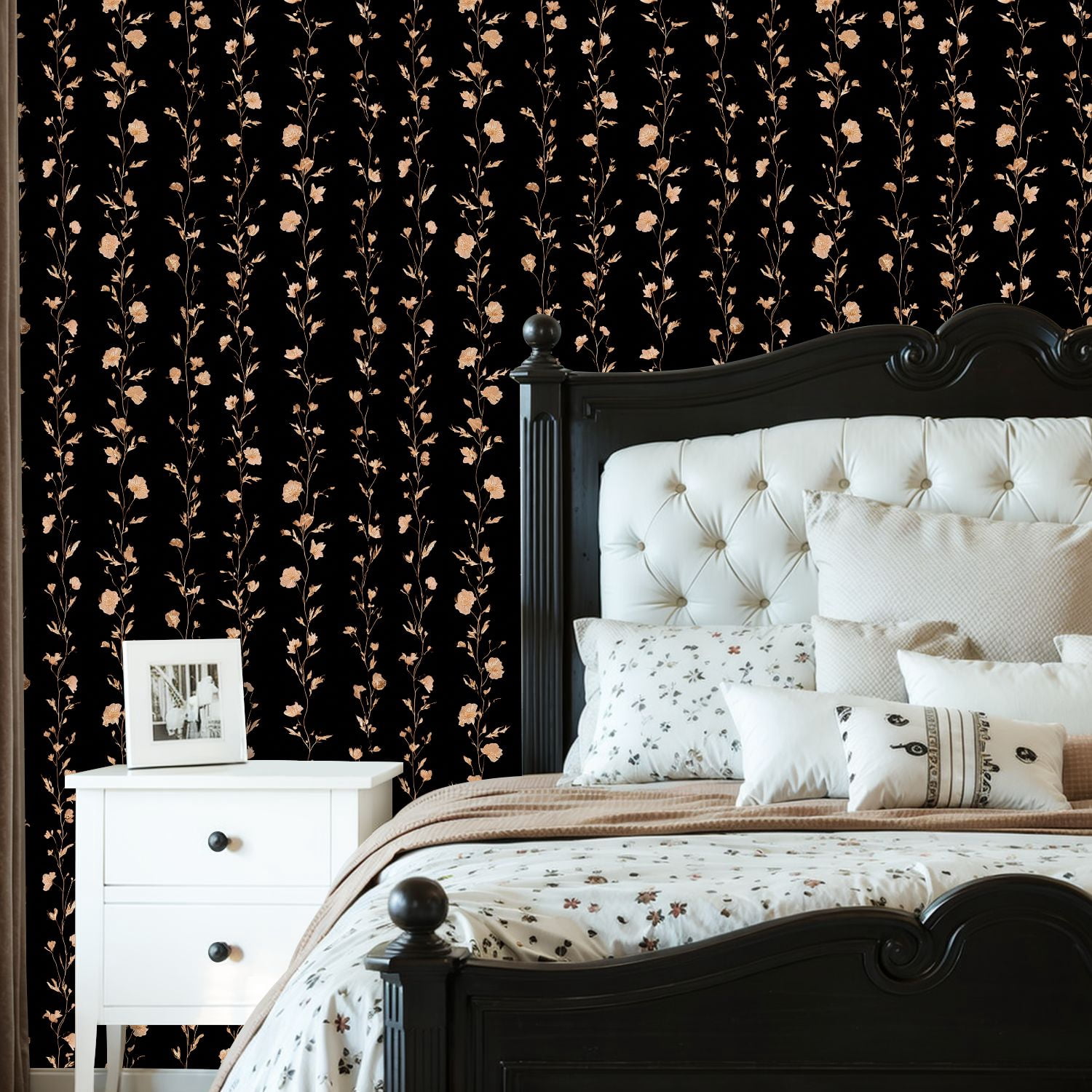 Peel and Stick Wallpaper 23.6in x 9.8ft Vintage Floral Delicate White Roses Black Contact Paper Vinyl Waterproof Self Adhesive Wall Paper for Bedroom Shelf Cabinet Renter Friendly