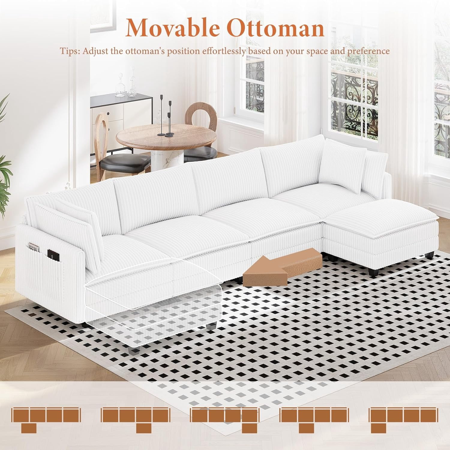 Neche 143" L Shaped Modular Sectional Sofa, Comfy Corduroy Upholstered Modular Sectional Couches for Living Room, Modern Cloud Couch with Ottoman Deep Seat, Warm White