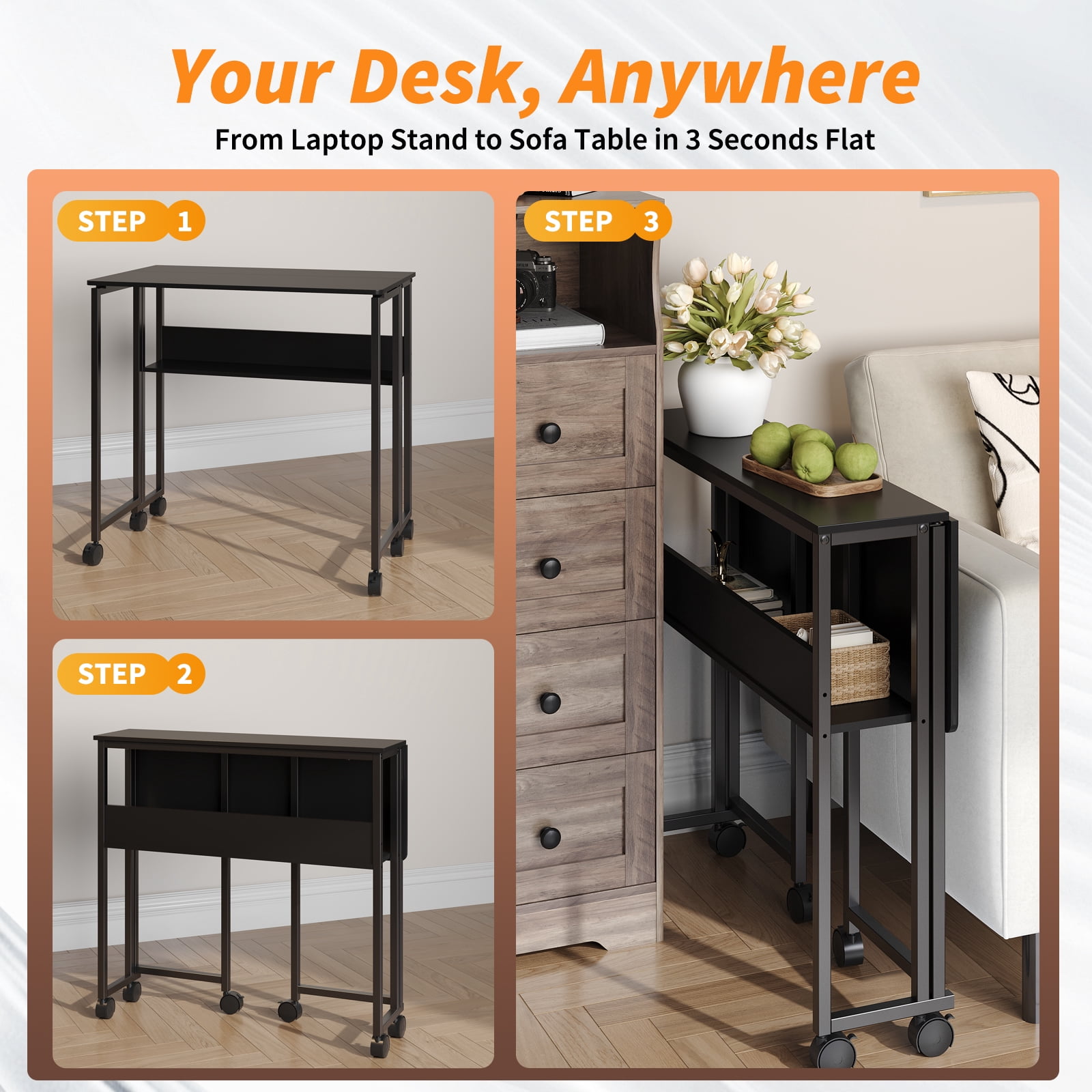 Folding Desk Small Rolling Desk with Storage Shelf,24.8 inch Foldable Computer Desk with Wheels, for Small Spaces, Home Office, Study, Easy Assembly