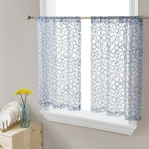 THD Francine Embroidered Sheer Voile Window Curtain Short Rod Pocket Tiers, Set of 2