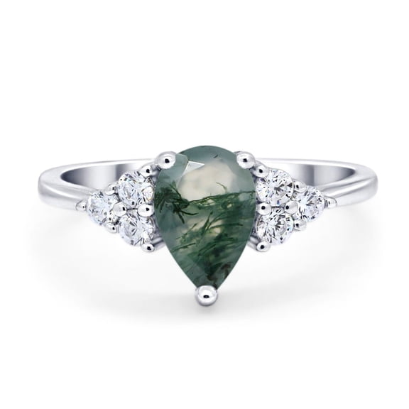 Natural Green Moss Agate Size-5 Art Deco Pear Teardrop Vintage Style Three Stone CZ Wedding Engagement Ring 925 Sterling Silver Gifts For Her