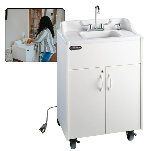 Ozark River Portable Sinks Premier Brite White, White Laminate Cabinet-ABS Countertop & Basin, Mobile Hot Water Hand Washing Station & Water Tanks, NSF-Certified Portable Handwashing Sink with Wheels