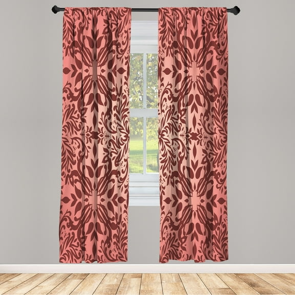 Ambesonne Oriental Curtains, Curly Mandala Flowers Art, Pair of 28"x63", Pale Maroon