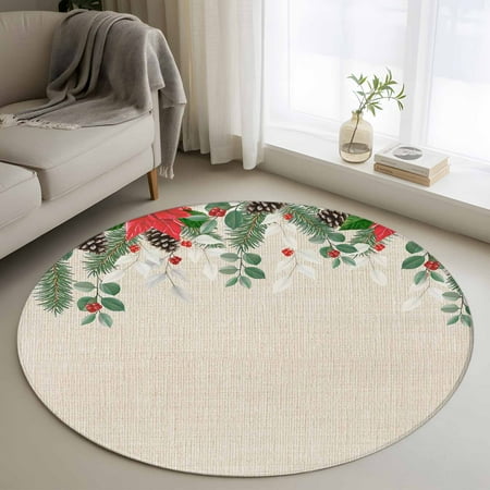 Christmas Eucalyptus Round Rug 3ft Washable Circle Entryway Rugs Non Slip Xmas Pine Poinsettia Botanical Linen Area Rug Indoor Floor Carpet for Bedroom Kitchen Living Room Office Dining Room Nursery