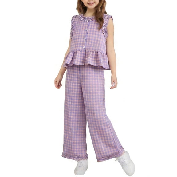 RRMuAzgs Girl's 2 Piece Plaid Outfits Sleeveless Top with Ruffle Hem & Wide Leg Trousers Summer Kids Clothes 2-11Y