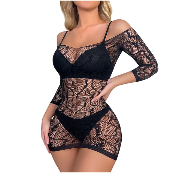 Levmjia Women's Lace Mesh Cutout Nightgown Set Dress Solid Color Open Crotch Long Sleeve Slim Fit Bodysuit For Honeymoon Valentine