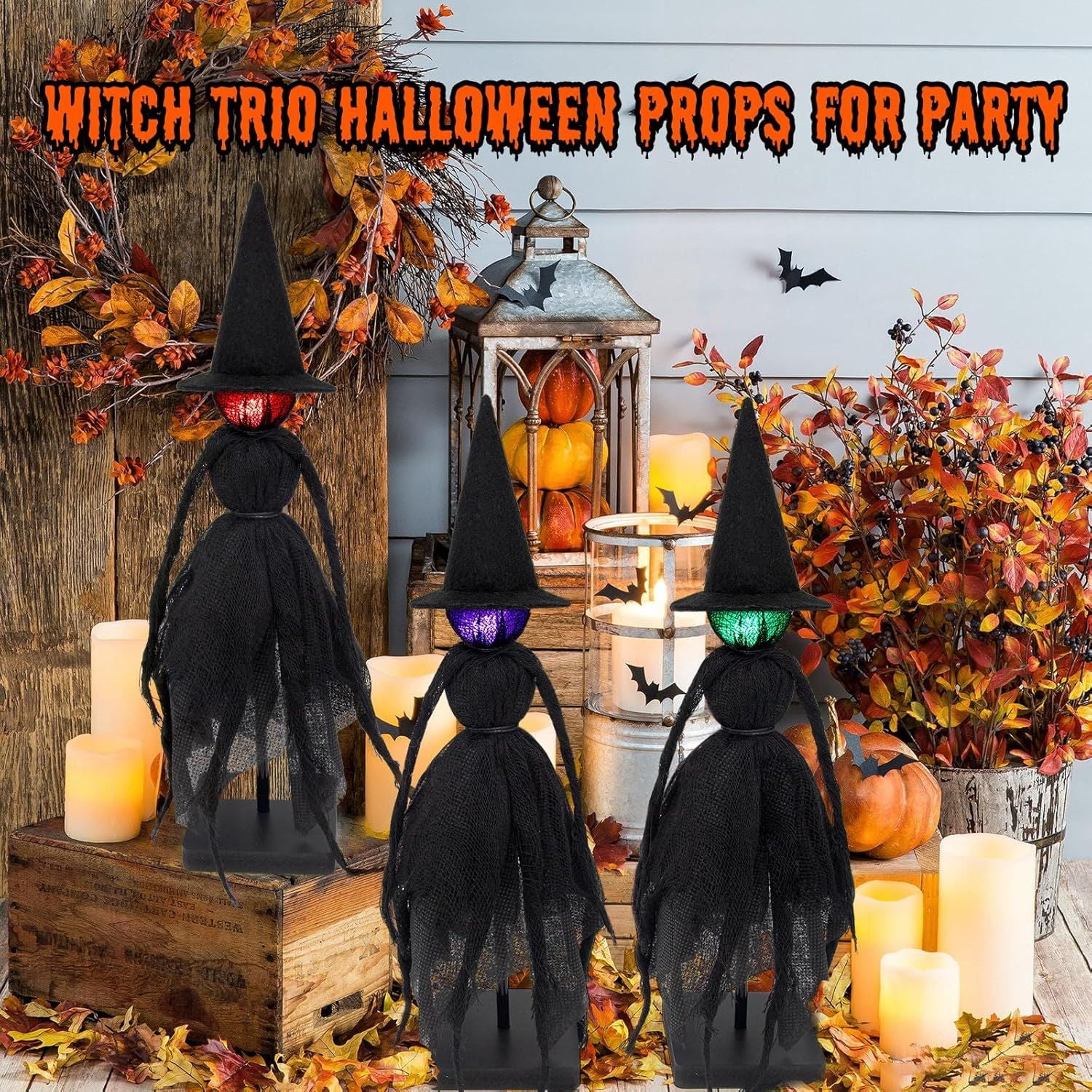 Set of 3 Light Up Witch Table Decorations with Red Green Purple LED Glow
