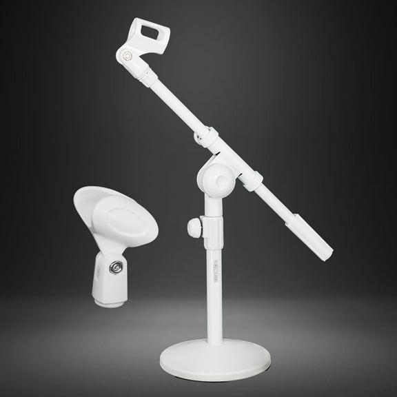 Desk Microphone Stand White • Adjustable Height Extendable Boom Arm • Table Mic Holder w Round Base Anti Slip Pad • Universal Mic Clip and 3/8'' and 5/8'' Thread Adapter- White