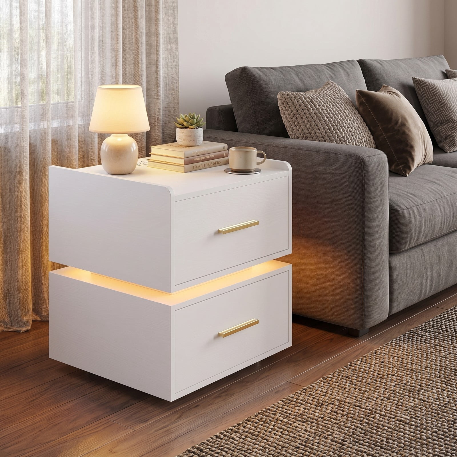 Furnibear LED Nightstand with Charging Station and 2 Storage Drawers, RGB Bedside Table with Semi-floating Design for Bedroom, White