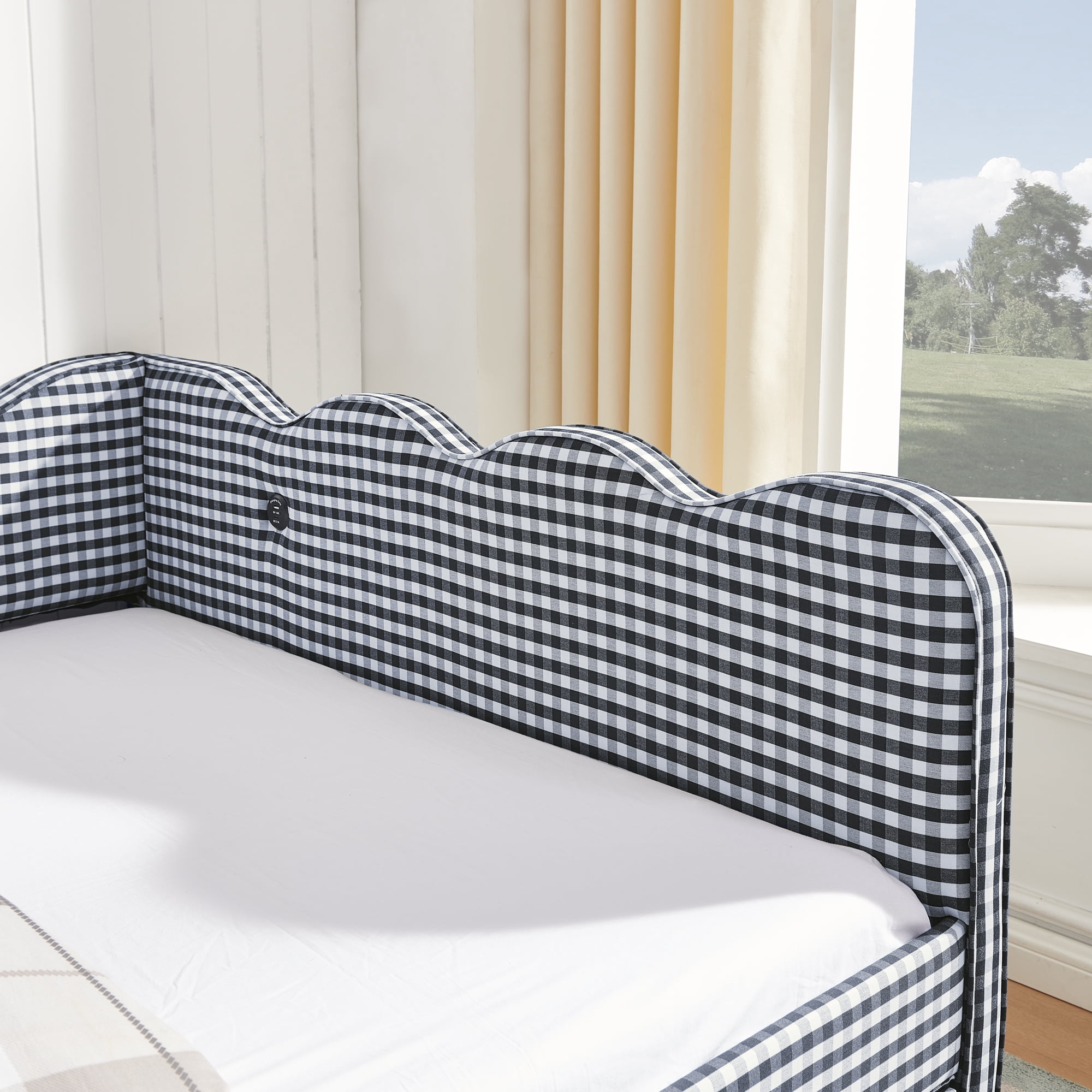 Full Size Daybed with Trundle and USB Port Upholstered Sofa Bed Gingham Linen Kids Guest Bed Frame, No Box Spring Needed, Navy