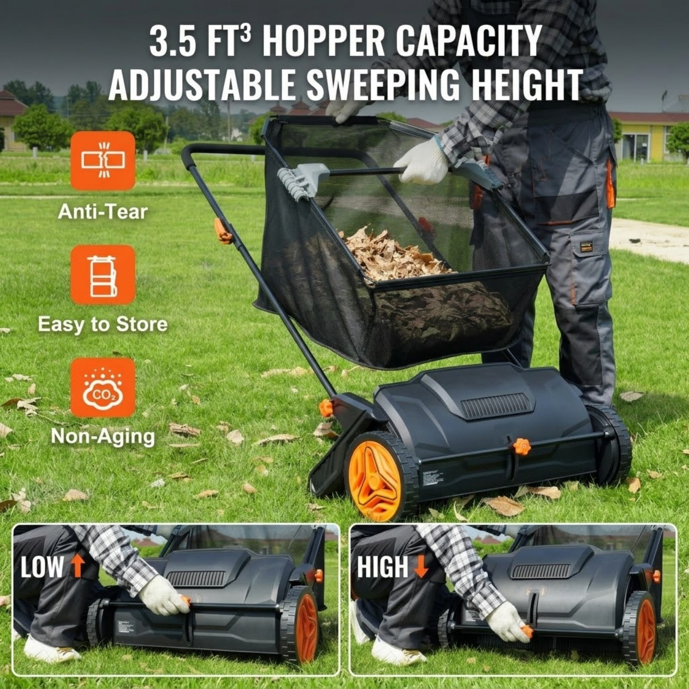 JUVOCT 21-Inch Push Lawn Sweeper, 3.5 Cu. Ft. Leaf and Grass Collector with 2 Spinning Brushes and Durable Steel Frame