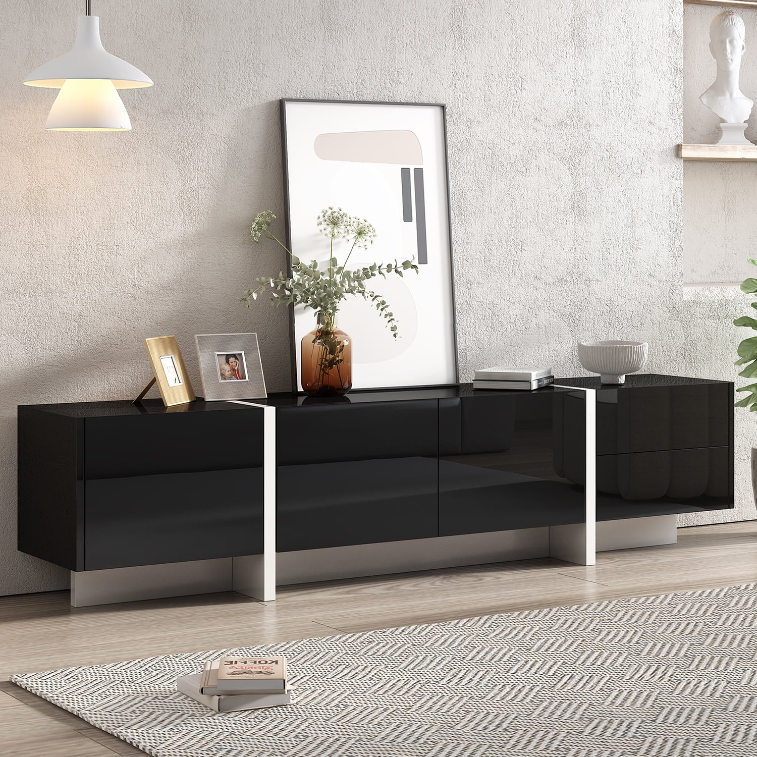 Kadyn Rectangle TV Stand, Particle Board TV Cabinet for TVs Up to 80”, Modern Entertainment Center TV Console with High Gloss UV Surface, 2 Drawers and 3 Cabinets, Black Kadyn Rectangle TV Stand, Particle Board TV Cabinet for TVs Up to 80”, Modern Entertainment Center TV Console with High Gloss UV Surface, 2 Drawers and 3 Cabinets, Black