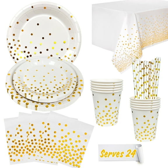 White and Gold Party Supplies 121PCS Disposable Dinnerware - Golden Dot Paper Plates Cups Straw Tablecloth for Graduation, Birthday, Holiday (White)