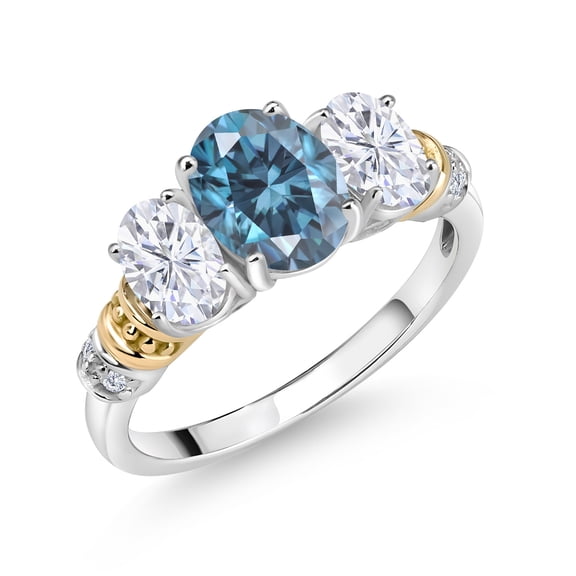 2.41 Cttw Oval Persian Blue Moissanite White Moissanite and White Diamond 3-Stone Ring for Women | 925 Sterling Silver and 10K Yellow Gold | Wedding Engagement Anniversary Ring | Size 6