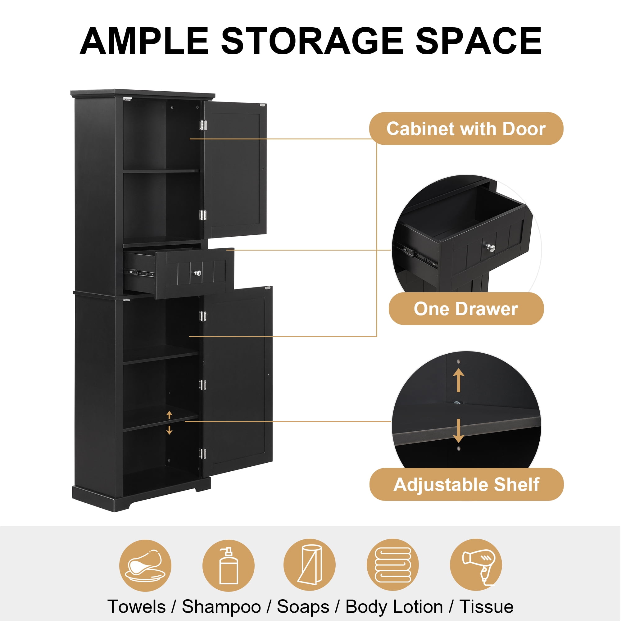 Euroco Tall Bathroom Storage Cabinet, Freestanding Storage Cabinet with Drawer and Adjustable Shelf, MDF Board with Painted Finish, Black