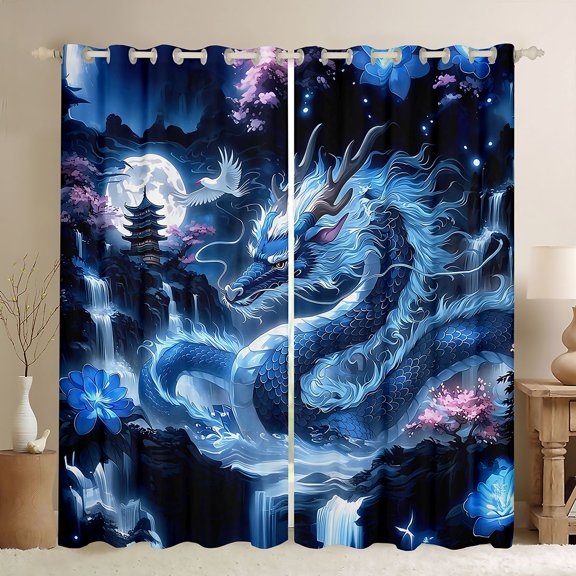 Manfei Traditional Eastern Dragon Animals Blackout Curtains,Flower Crane Window Curtains Pack of 2 (38x45 Each),Navy