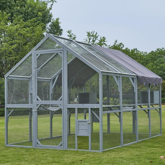 Pefilos 110" Outdoor Cat House Catio with Platforms, Upgrade Waterproof Cover Cat Condo Enclosures, Large Cat Cages Kitten Playpen, Gray