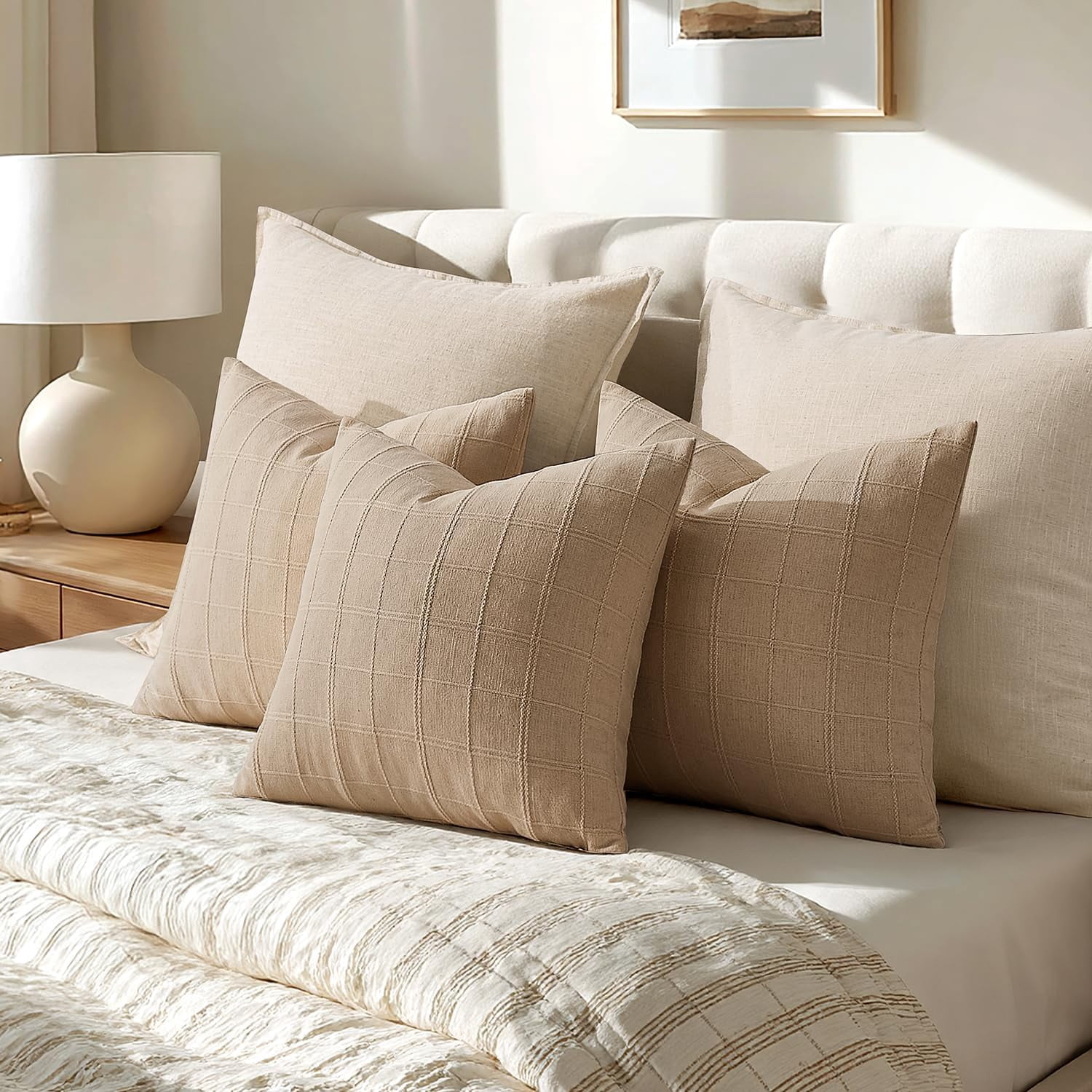 Linen Check Throw Pillow Covers Set of 2 - Natural Beige Farmhouse Modern Boho Vintage Decorative Cushion Covers for Sofa Couch Bedroom Living Room Decor（no pillow inset）