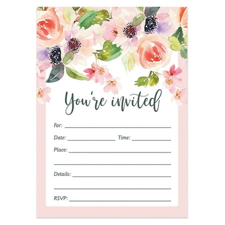 25 Floral Invitations with Envelopes ( Pack of 25 ) Baby Shower, Wedding, Fill In, Bridal Shower, Rehearsal Dinner Invites, Engagement, Anniversary, Graduation, Birthday Party Excellent Value VI0017B
