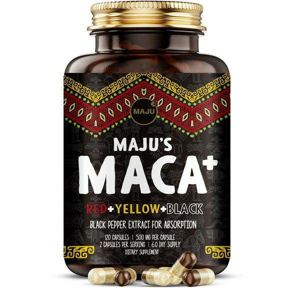 MAJU's Organic Maca Plus Capsules, Peruvian Red, Yellow & Black Maca w/ Black Pepper Extract for Max Absportion