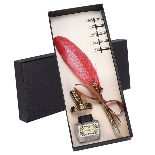 Quill Pen Set, Retro Calligraphy Pen Kit Antique For Calligraphy Practicing For Writing White,Brown,Big Red,Pink