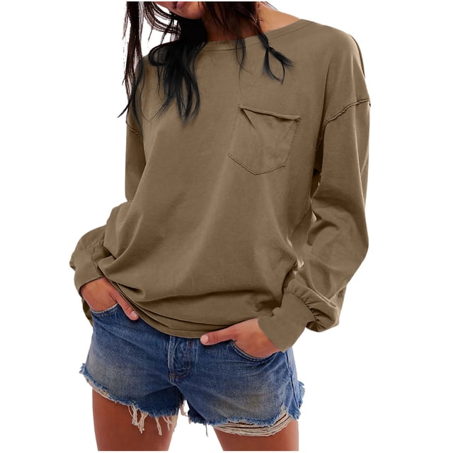 JIUKE Chandails pour Femmes à Manches Longues à Col Rond, Chandails Molletonnés à Enfiler, Hauts Basiques Décontractés, T-Shirts avec Poche, Taille P