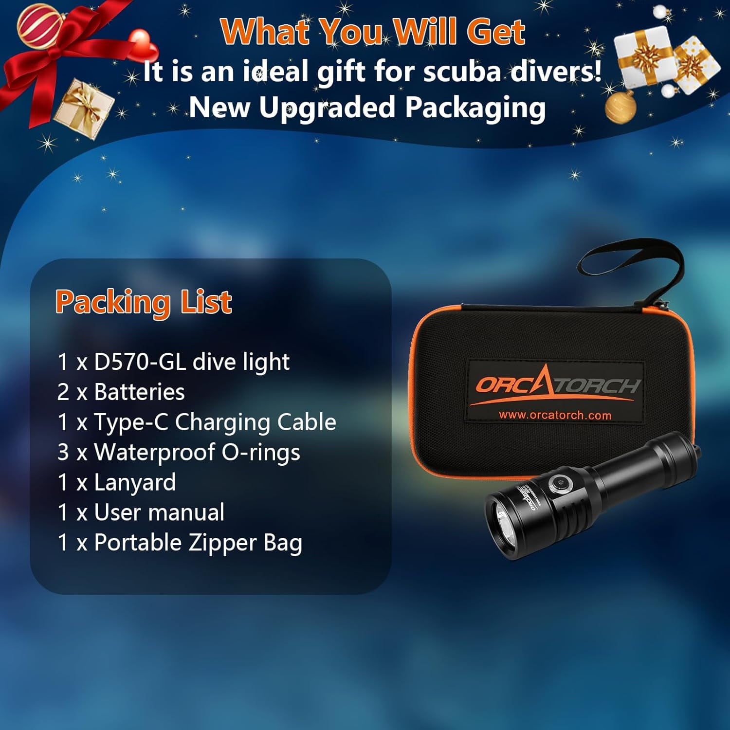 ORCATORCH D570-GL 2.0 Scuba Diving Signal Light 1500 Lumens Underwater Flashlight, 1000M Green Beam and White LED Combo, Rechargeable Battery for Night Dive Training Instructor Cave Exploration