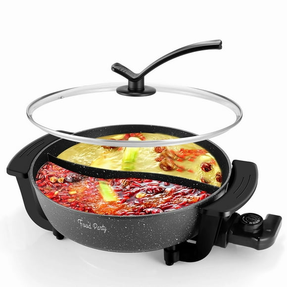 Marmite Électrique de Fête Alimentaire avec Séparateur, Marmite Shabu, Antiadhésive, 6 Pintes, Grande, Chinoise, Coréenne