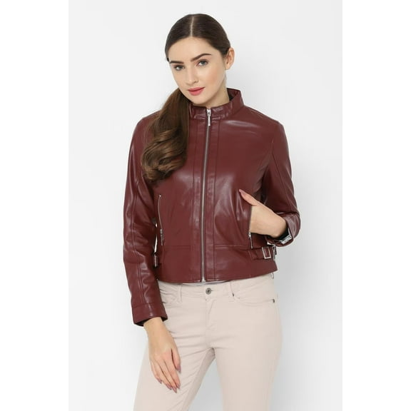 Luis Leather Genuine Bordeaux Racer Women Leather Jacket With Contrast Mandarin Collar Front Zipper Long Sleeves Party Wear