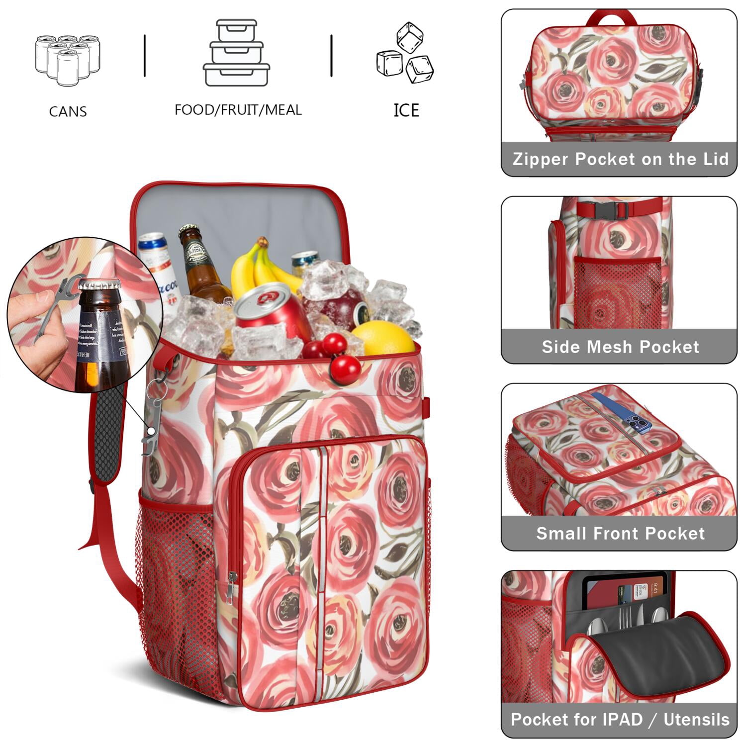 Travel Cooler Bag - Pioneer Flower Floral Print Pattern Camping Beer Cooler Backpack with Bottle Opener- Waterproof Insulated Picnic Backpacks - Cooler Bag for Beach