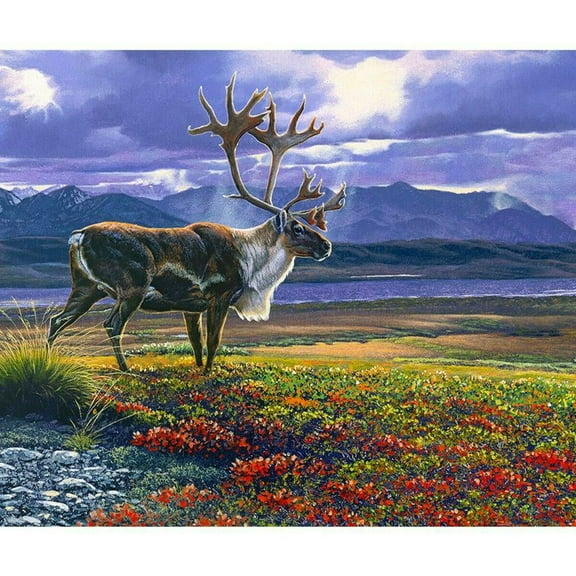 36" X 44" Panel Caribou Nature's Finest Scenic Landscape Animals Cotton Fabric Panel (P9954-CARIBOU)