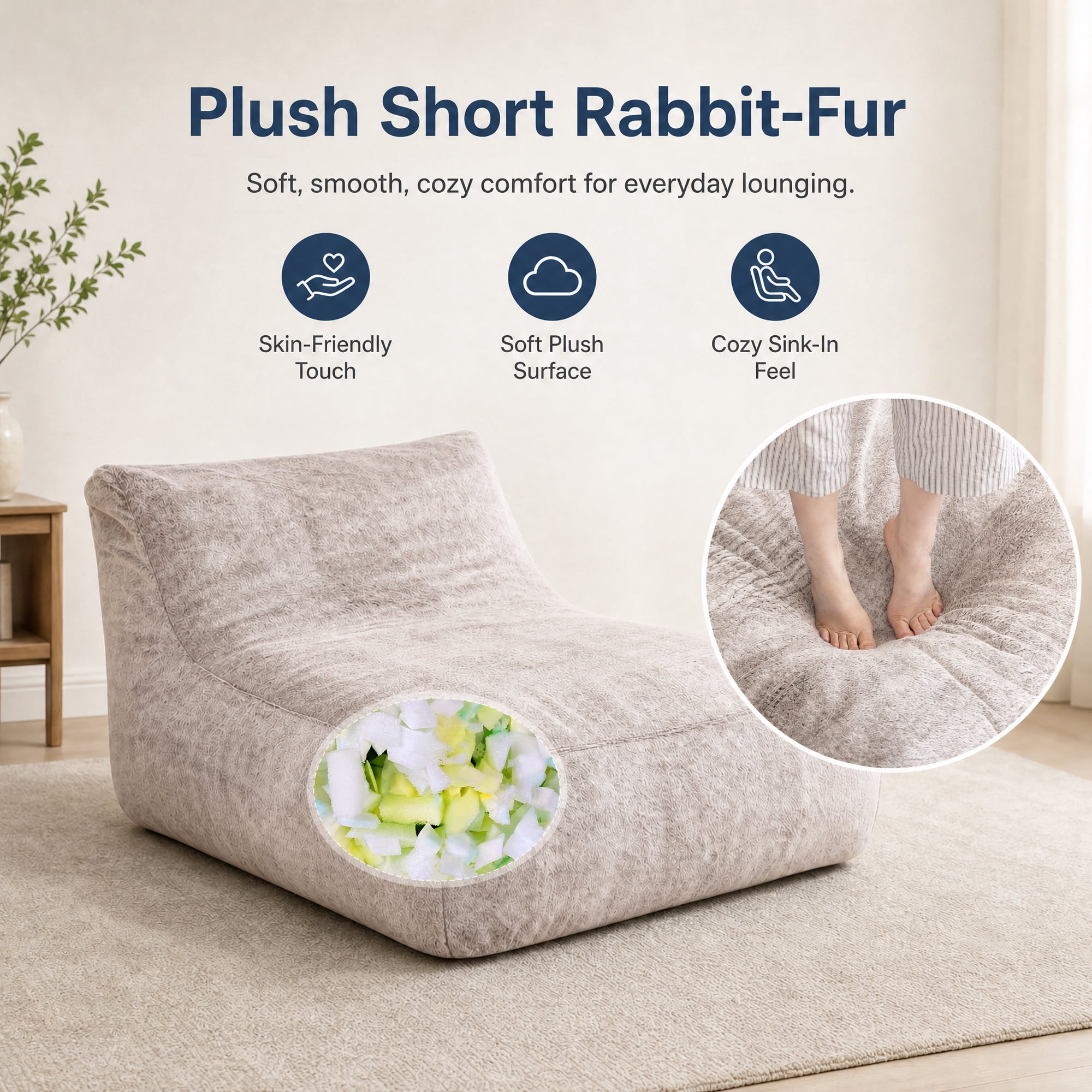 Alvantor Convertible Plush Sofa Bed with Ottoman and Pillow, Oversized Shaggy Faux Fur Floor Sofa, Foam Filled Armless Sleeper for Living Room, Bedroom, Dorm