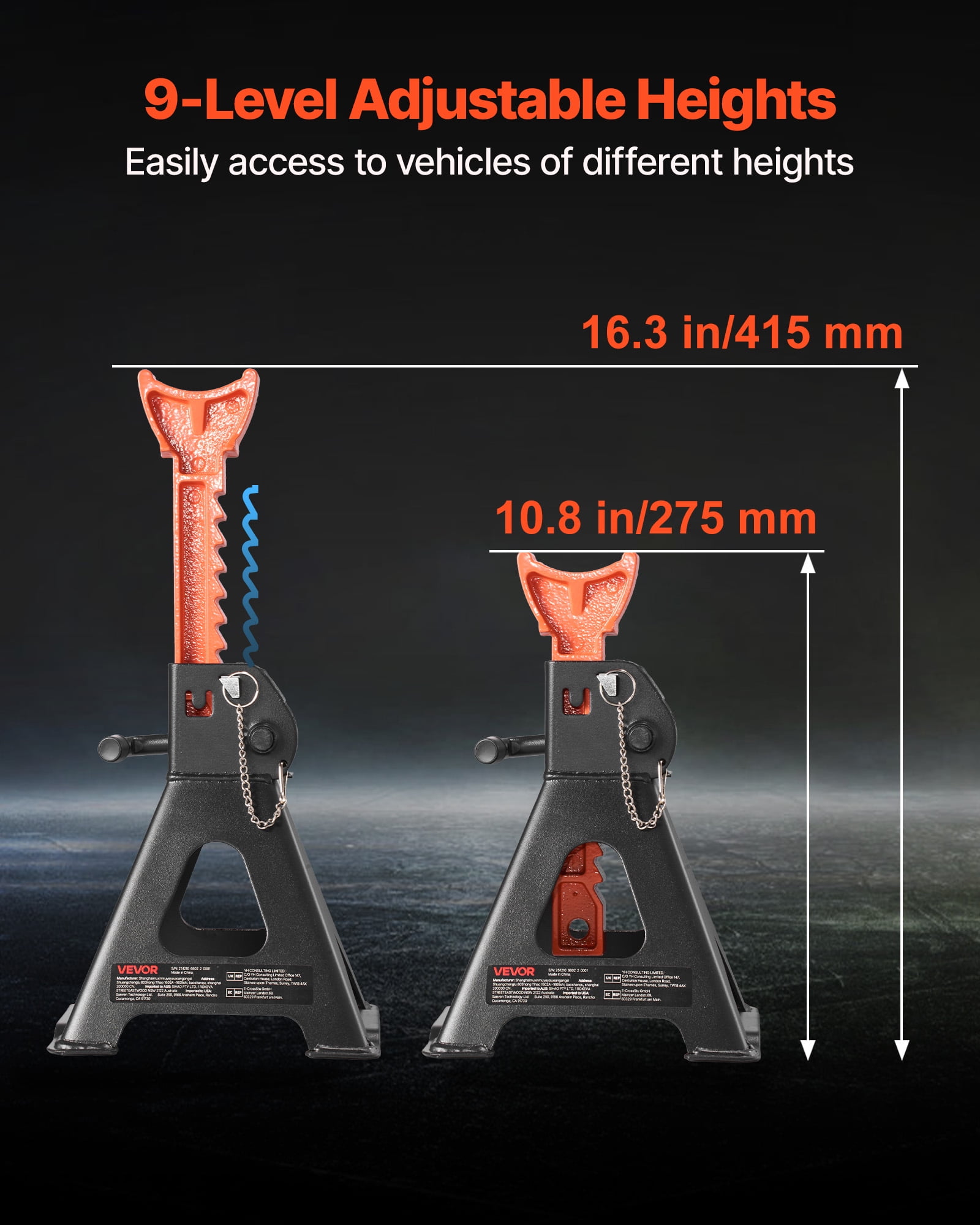 VEVOR Jack Stands, 3 Ton (6,600 lbs) Capacity, 10.8-16.3 in Adjustable Height, Heavy Duty Steel Jack Auto Stands with Double Locking, for Lifting SUV, Pickup, Car, UTV/ATV, 1 Pair, Black and Orange