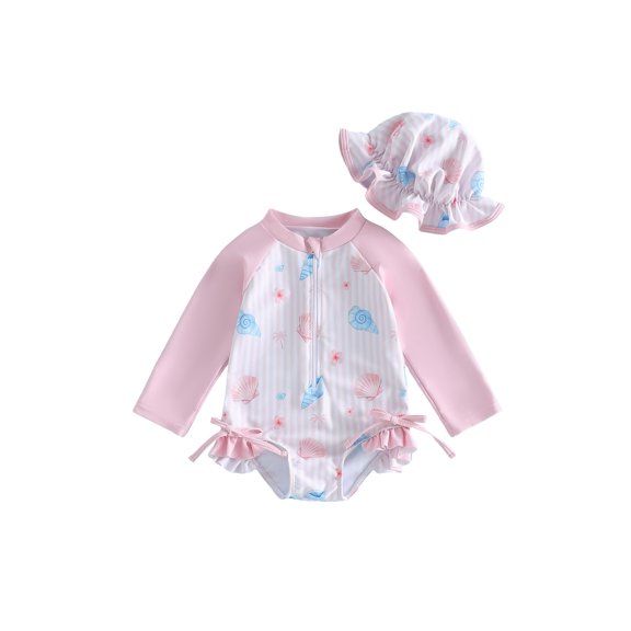 Cenuakty Toddler Baby Girl Swimsuit Set Seashell Flower Long Sleeve Rash Guard Bathing Suit with Sun Cap 2 Piece Outfit