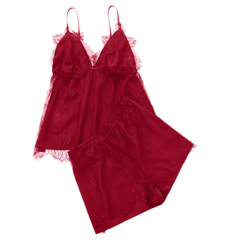 RQYYD Women's Lace Teddy Lingerie Deep V Backless Sleeveless Romper  Sleepwear (Red,L) 