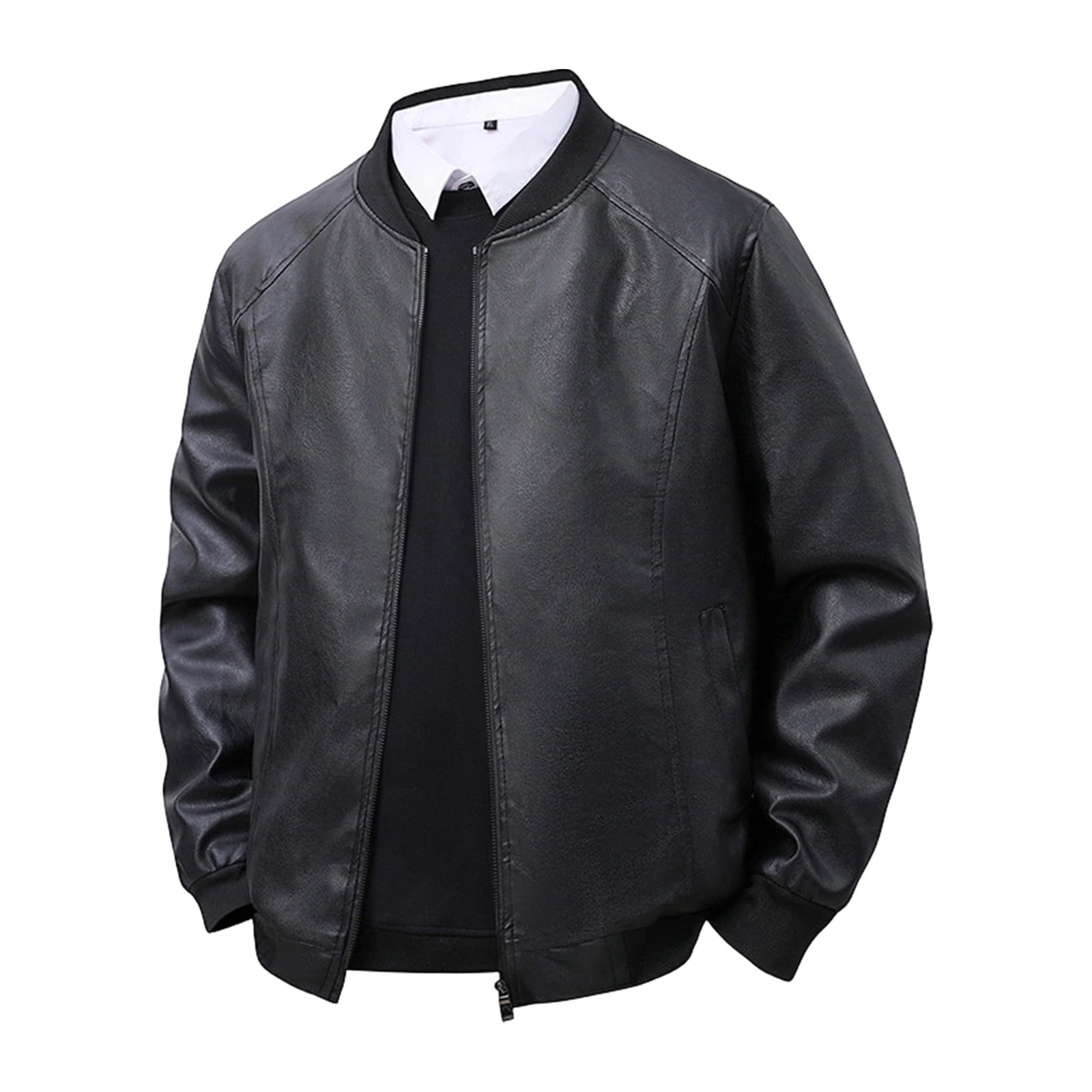 NTACZA Motorcycle Jackets for Men Stand Colloar Faux Leather Black Bomber Jacket Pu Work Zip Up Outerwear Coats for Man M