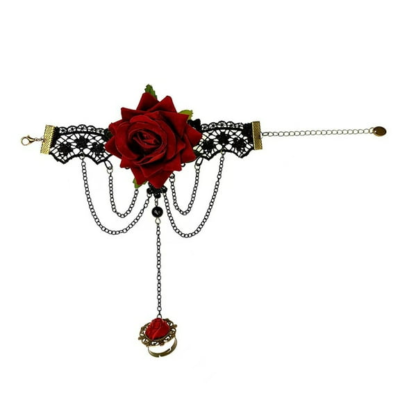 XmhyTop-A 1 Piece Lace Hand Chain with Rose Flower Bracelet Elegant Lace Finger Ring Bracelet Accessory-B04