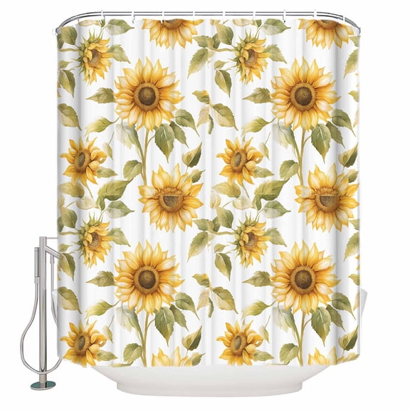 Shower Curtain Bathroom Set Summer Sunflower Watercolor Leaves Waterproof Fabric Shower Curtains with Grommets&Hooks Bloom Floral Seamless Privacy Bath Curtain for Bathtub 36x72in