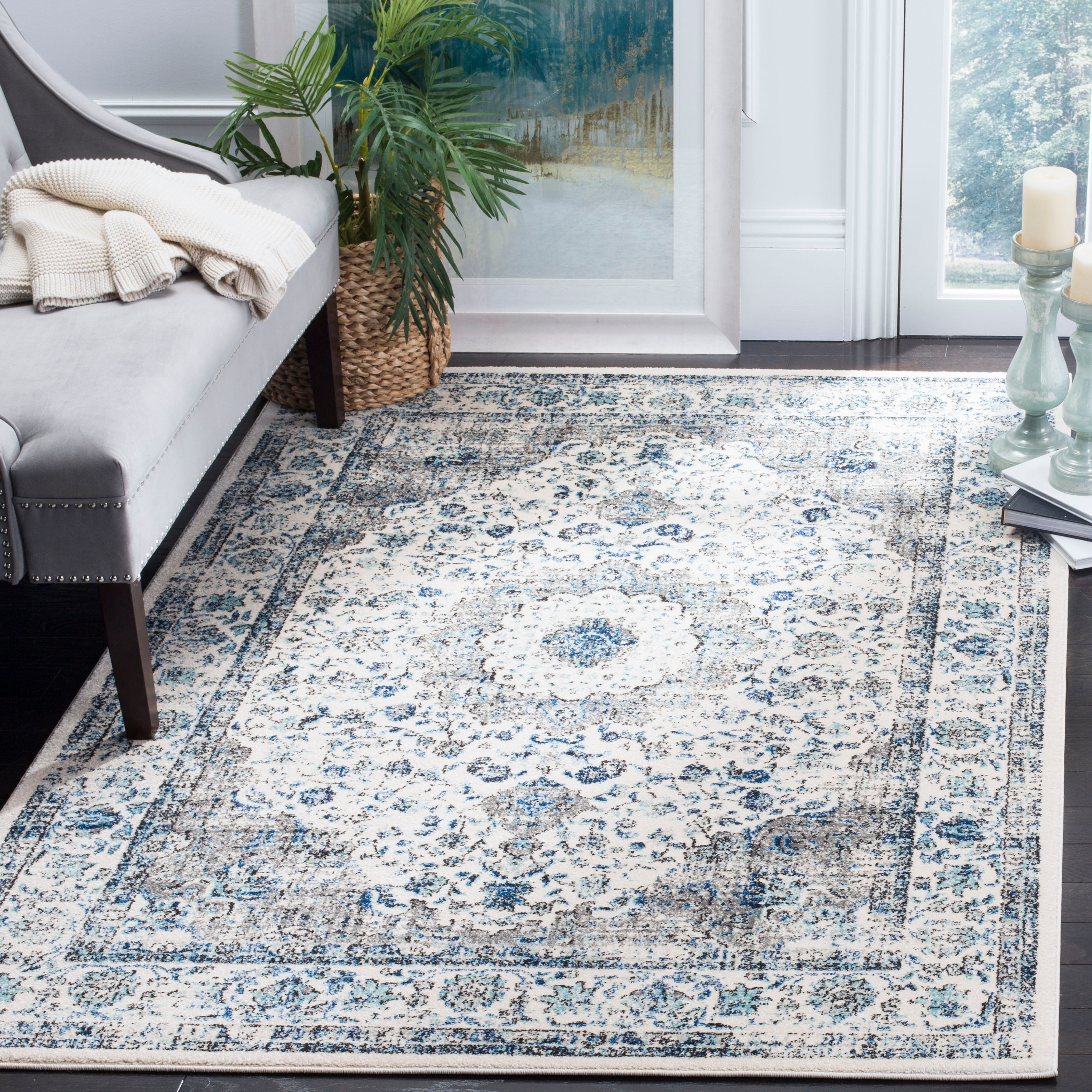 SAFAVIEH Evoke Teale Bordered Area Rug, Ivory/Blue, 12' x 18'