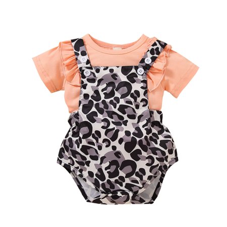 

Fesfesfes Infant Baby Girls Ruffles Tops+Suspender Leopard Printed Shorts Outfits