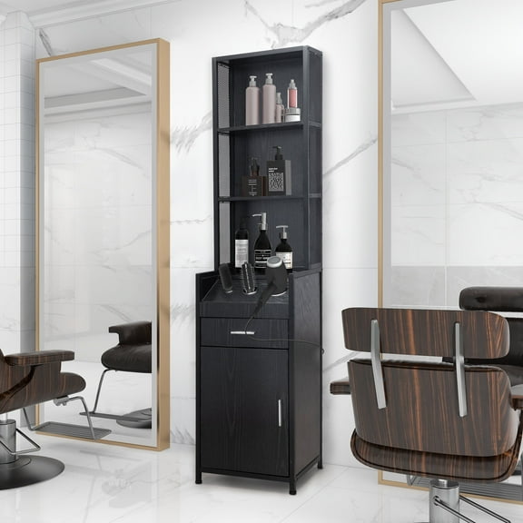 Pennynana Beauty Barber Station Storage Salon Cabinet with Drawers, Shelves, 3 Hair Dryer Holders, Black