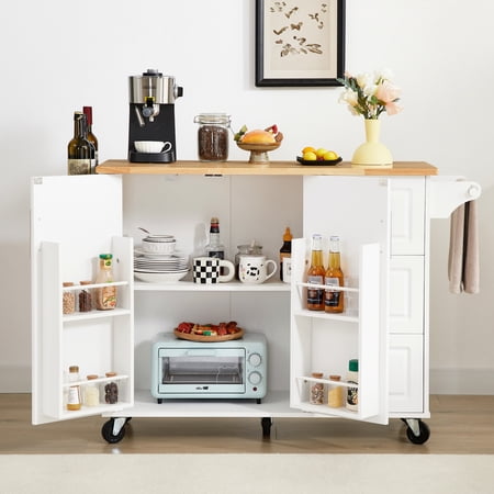 Versatile Rolling Kitchen Island With Storage Cabinet And Countertop White Cabinet Removable Shelves Expandable Drop Leaf Countertop