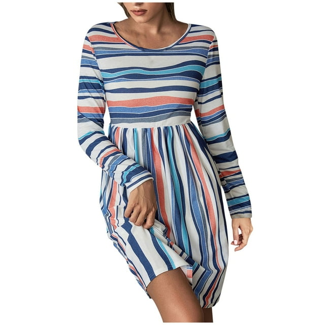 Robe T-Shirts à Manches Longues Rayées pour Femmes Col Rond Décontracté Longueur Genou Taille Haute Coupe Ample Tunique